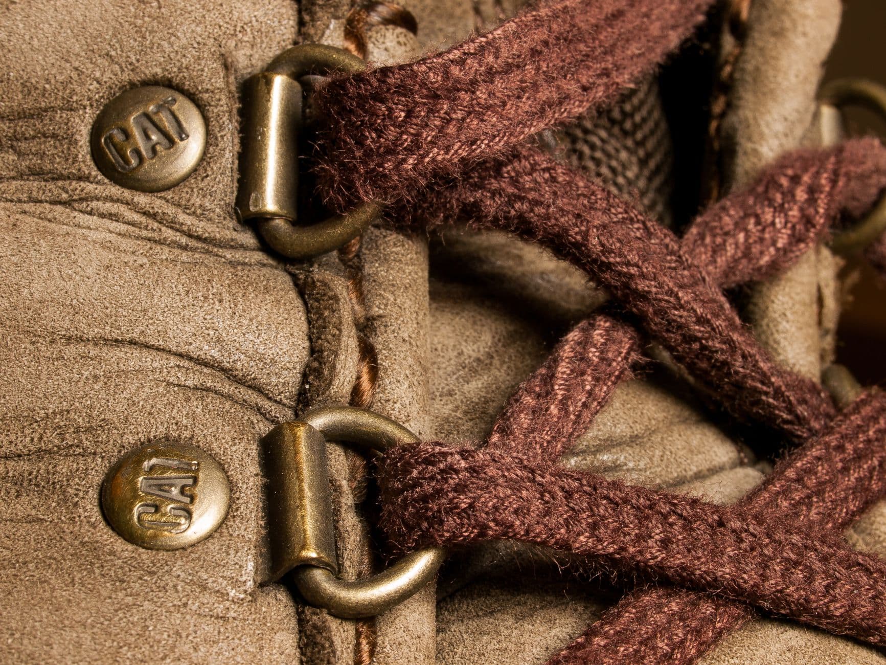 Close-up of a work boot shaft showing the eyelet row and laces