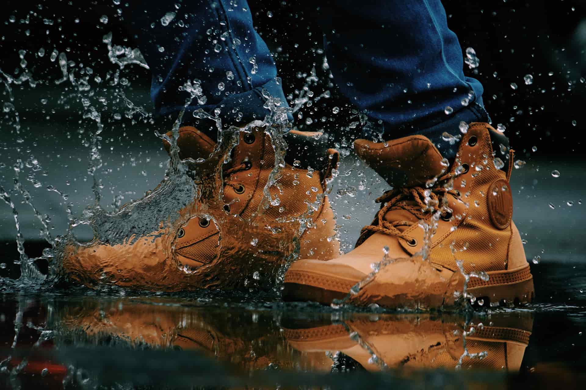 Rain running off a leather boot upper